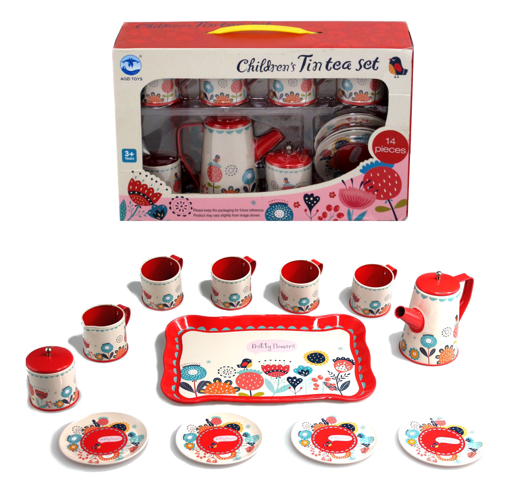 Red Garden Design Tin Tea Set On Tray