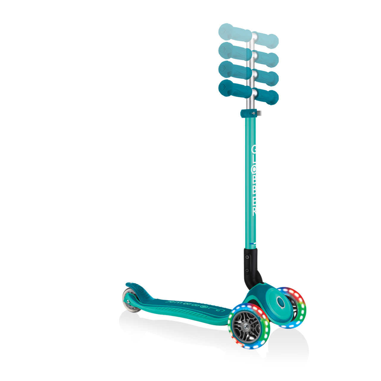 Globber Primo Foldable Lights Anodised Bar 3 Wheel Scooter TEAL