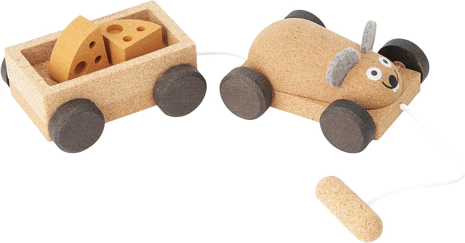 Elou Pull Along Cork Mouse and Trailer with Cheese