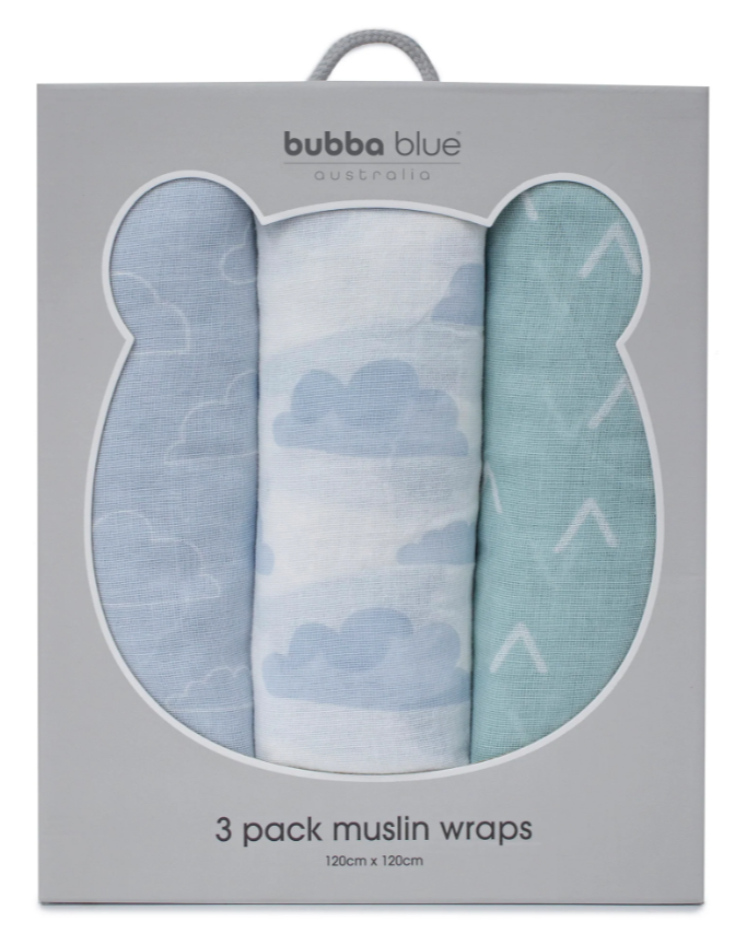 Bubba Blue Nordic 3pk Muslin Wraps Sky/Mint 120cm x 120cm