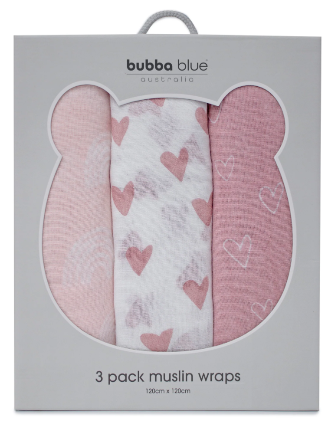 Bubba Blue Nordic 3pk Muslin Wraps Berry/Rose 120cm x 120cm