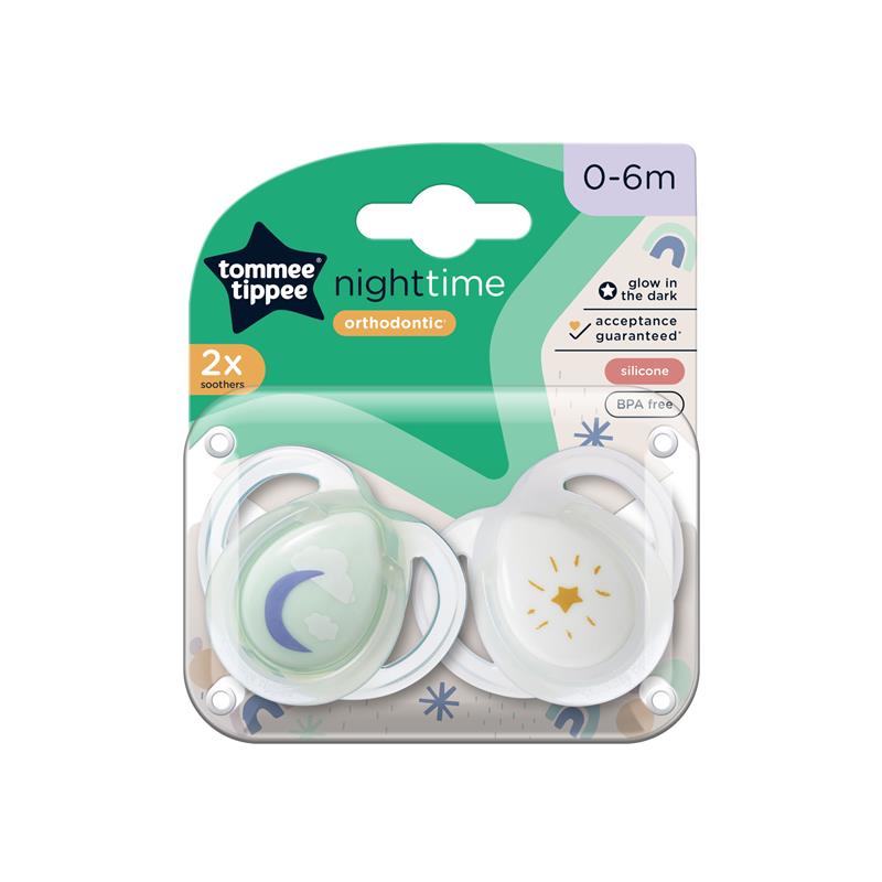 Tommee Tippee Night Time Orthodontic Soothers 0-6m 2pk Asstd Cols