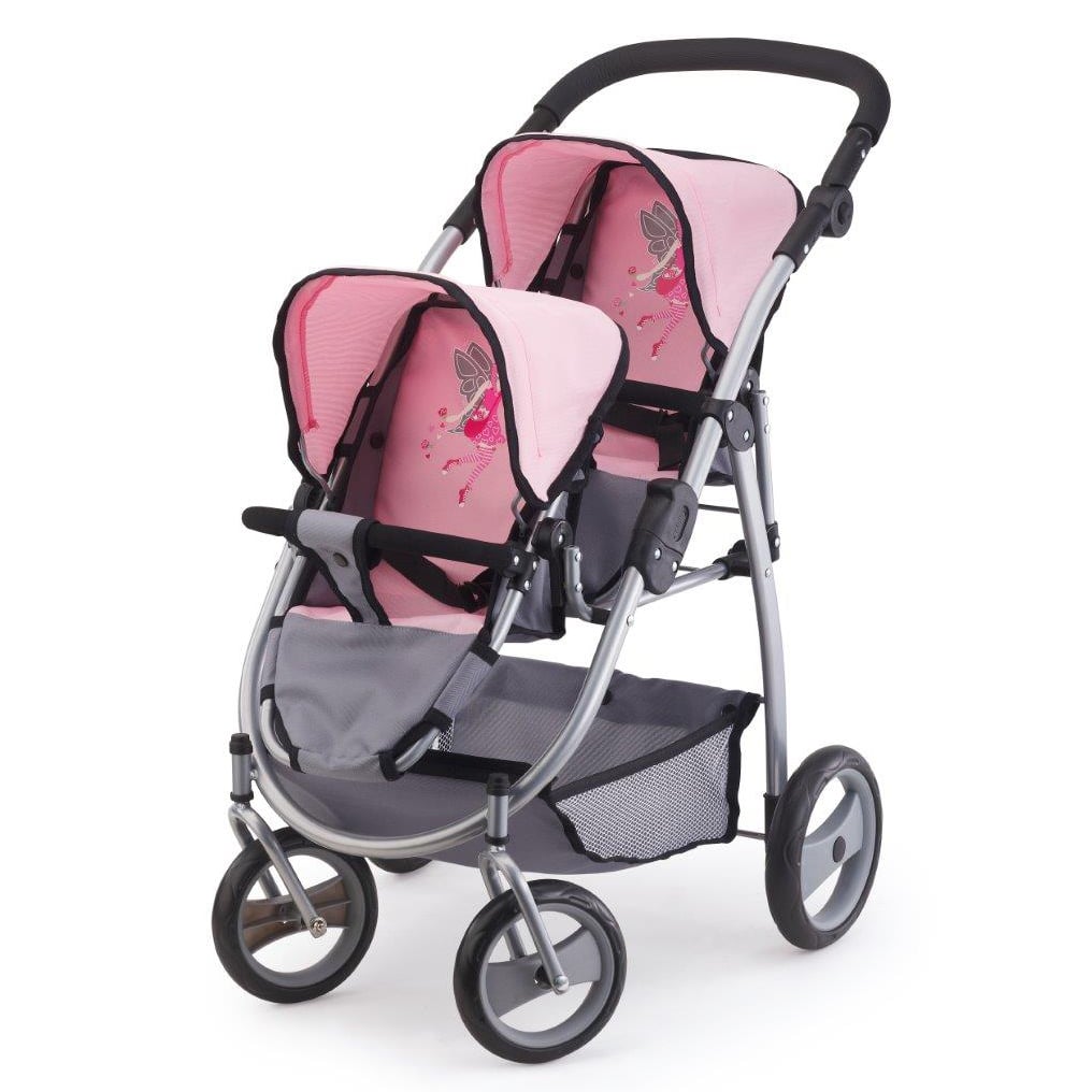 Bayer Twin Tandem Pram Pink and Grey with Fairy